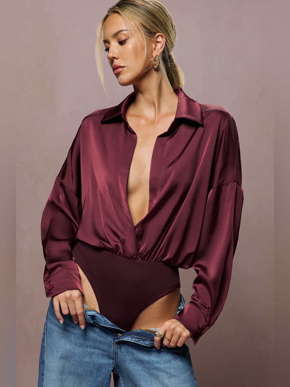 Micas Women’s Satin Long-Sleeve Bodysuit in Burgundy